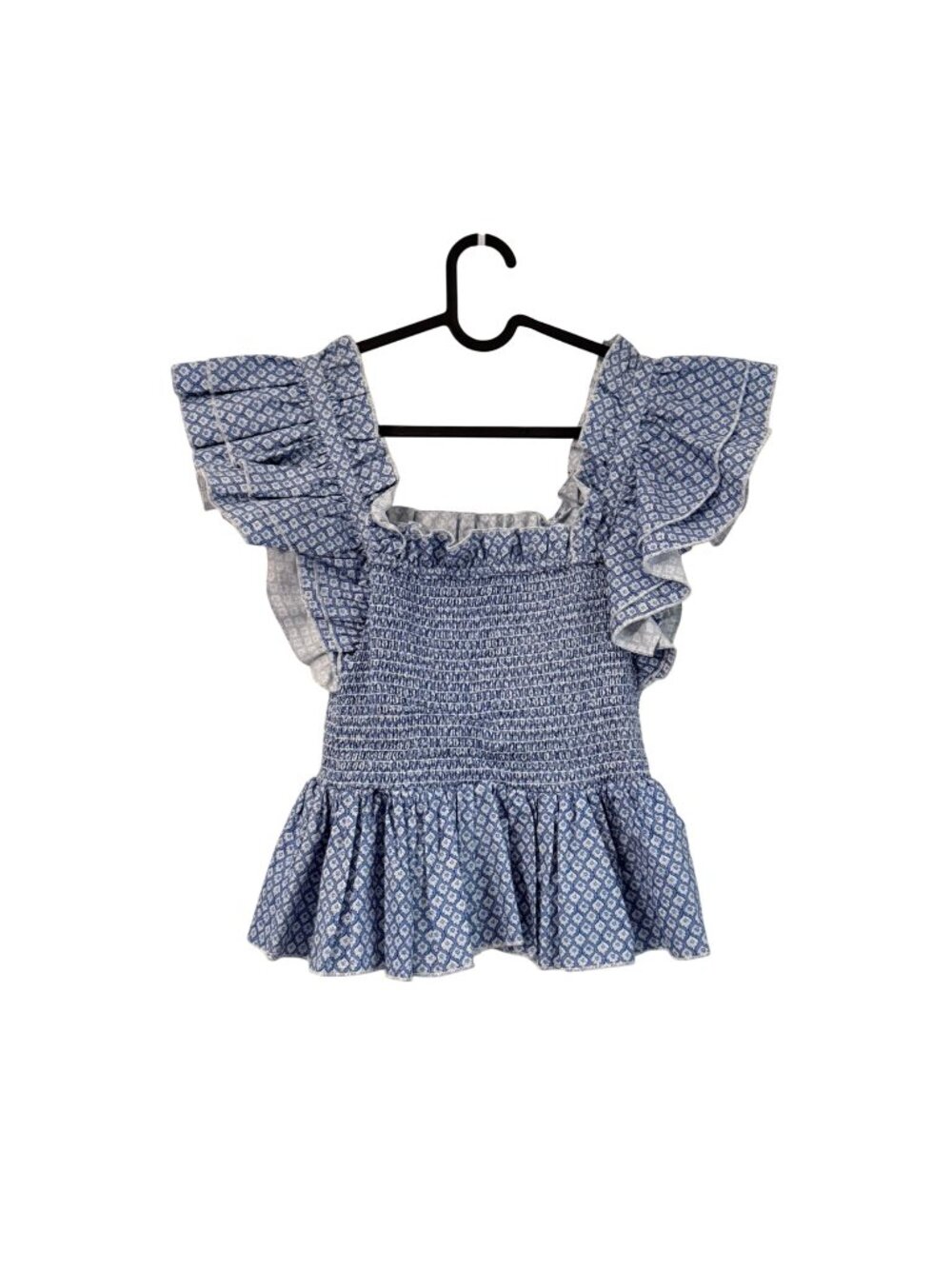 O.P.T Blue Floral Ruffle Smocked Bodice Peplum Blouse Womens Size Small